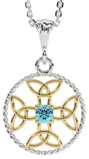 Aquamarine Gold Silver Celtic Cross Trinity Knot Necklace