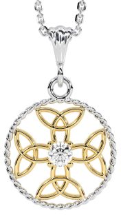 Diamond Gold Silver Celtic Cross Trinity Knot Necklace