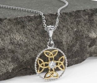 Diamond Gold Silver Celtic Cross Trinity Knot Necklace