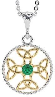 Emerald Gold Silver Celtic Cross Trinity Knot Necklace