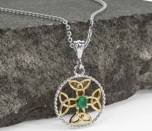 Emerald Gold Silver Celtic Cross Trinity Knot Necklace