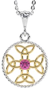 Pink Tourmaline Gold Silver Celtic Cross Trinity Knot Necklace