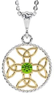 Peridot Gold Silver Celtic Cross Trinity Knot Necklace