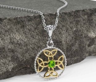 Peridot Gold Silver Celtic Cross Trinity Knot Necklace
