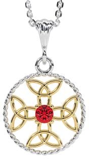 Ruby Gold Silver Celtic Cross Trinity Knot Necklace