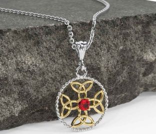 Ruby Gold Silver Celtic Cross Trinity Knot Necklace