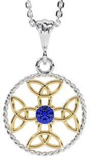 Sapphire Gold Silver Celtic Cross Trinity Knot Necklace