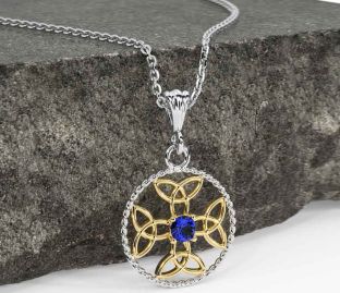Sapphire Gold Silver Celtic Cross Trinity Knot Necklace