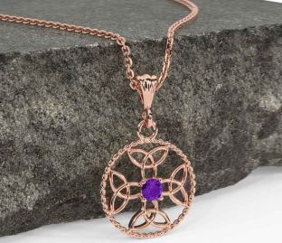 Amethyst Rose Gold Silver Celtic Cross Trinity Knot Necklace