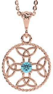 Aquamarine Rose Gold Silver Celtic Cross Trinity Knot Necklace