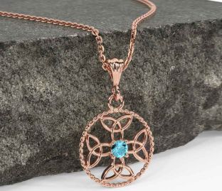 Aquamarine Rose Gold Silver Celtic Cross Trinity Knot Necklace
