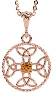 Citrine Rose Gold Silver Celtic Cross Trinity Knot Necklace