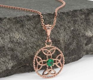 Emerald Rose Gold Silver Celtic Cross Trinity Knot Necklace