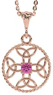 Pink Tourmaline Rose Gold Silver Celtic Cross Trinity Knot Necklace