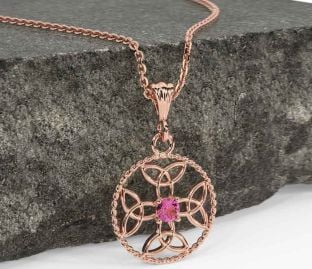 Pink Tourmaline Rose Gold Silver Celtic Cross Trinity Knot Necklace