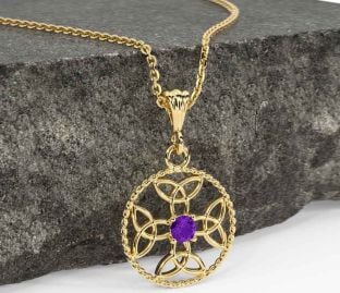 Amethyst Gold Silver Celtic Cross Trinity Knot Necklace