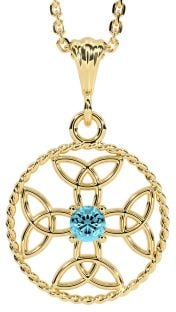 Aquamarine Gold Silver Celtic Cross Trinity Knot Necklace