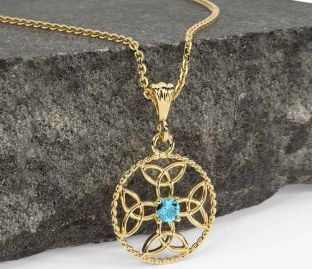 Aquamarine Gold Silver Celtic Cross Trinity Knot Necklace