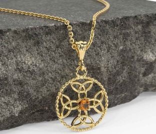 Citrine Gold Silver Celtic Cross Trinity Knot Necklace