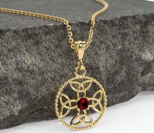 Garnet Gold Silver Celtic Cross Trinity Knot Necklace