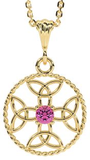 Pink Tourmaline Gold Silver Celtic Cross Trinity Knot Necklace