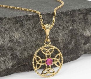 Pink Tourmaline Gold Silver Celtic Cross Trinity Knot Necklace