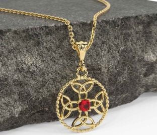 Ruby Gold Silver Celtic Cross Trinity Knot Necklace