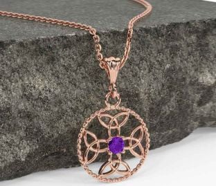 Amethyst Rose Gold Celtic Cross Trinity Knot Necklace