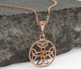 Citrine Rose Gold Celtic Cross Trinity Knot Necklace