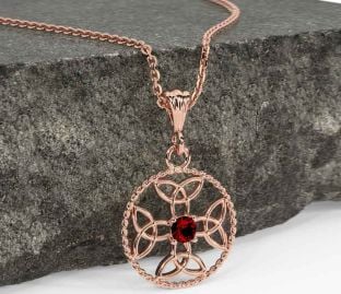 Garnet Rose Gold Celtic Cross Trinity Knot Necklace