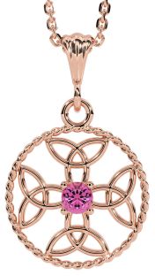 Pink Tourmaline Rose Gold Celtic Cross Trinity Knot Necklace