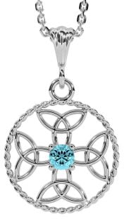 Aquamarine Silver Celtic Cross Trinity Knot Necklace