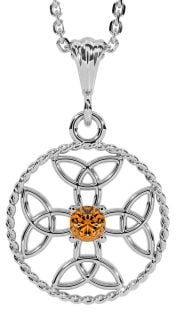 Citrine Silver Celtic Cross Trinity Knot Necklace