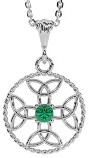 Emerald Silver Celtic Cross Trinity Knot Necklace