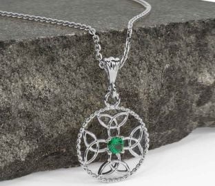 Emerald Silver Celtic Cross Trinity Knot Necklace