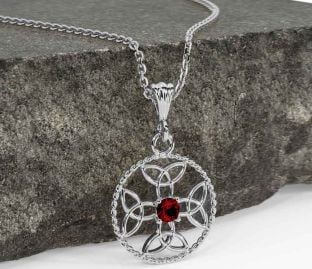 Garnet Silver Celtic Cross Trinity Knot Necklace