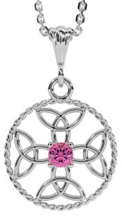 Pink Tourmaline Silver Celtic Cross Trinity Knot Necklace