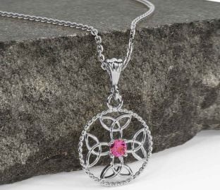 Pink Tourmaline Silver Celtic Cross Trinity Knot Necklace