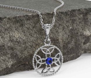 Sapphire Silver Celtic Cross Trinity Knot Necklace