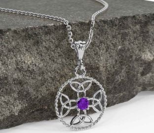 Amethyst White Gold Celtic Cross Trinity Knot Necklace