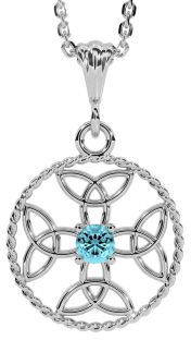 Aquamarine White Gold Celtic Cross Trinity Knot Necklace
