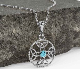 Aquamarine White Gold Celtic Cross Trinity Knot Necklace