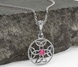 Pink Tourmaline White Gold Celtic Cross Trinity Knot Necklace