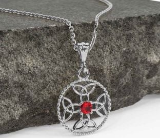 Ruby White Gold Celtic Cross Trinity Knot Necklace