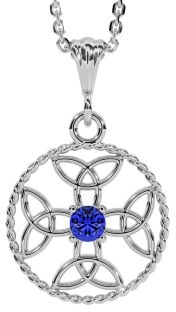 Sapphire White Gold Celtic Cross Trinity Knot Necklace