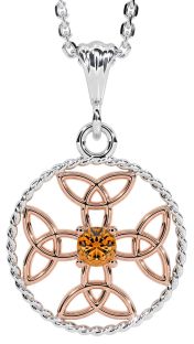 Citrine White Rose Gold Celtic Cross Trinity Knot Necklace