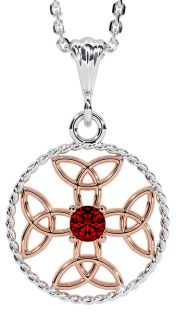 Garnet White Rose Gold Celtic Cross Trinity Knot Necklace