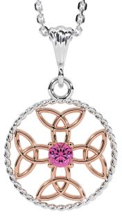 Pink Tourmaline White Rose Gold Celtic Cross Trinity Knot Necklace