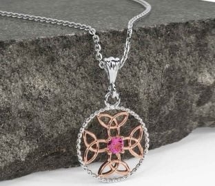 Pink Tourmaline White Rose Gold Celtic Cross Trinity Knot Necklace