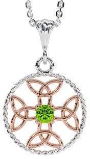 Peridot White Rose Gold Celtic Cross Trinity Knot Necklace